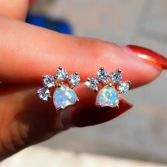 Jewelry - Opal and rose gold paw print stud earrings. New.